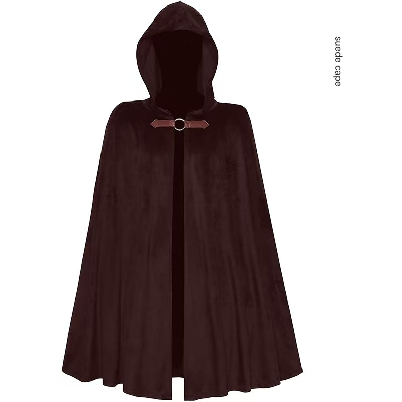 Brown Shadow Wanderer Hooded Cape - Premium Velvet Robe for Jedi, Wizard & Medieval Cosplay V888-ELOSUNG34414
