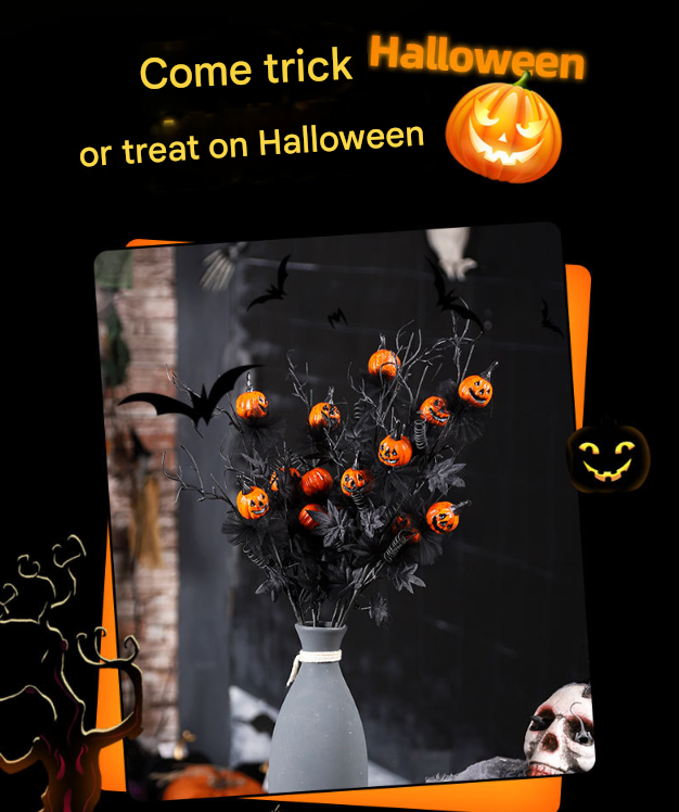 Halloween Black Twig & Pumpkin Stems (2-Pack) - Artificial Floral Picks for Spooky Arrangements V888-ELOSUNG34415