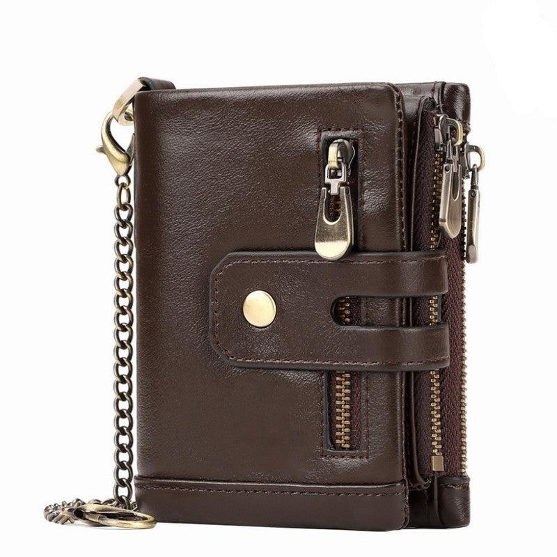 Coffee Genuine Leather Men's RFID Blocking Wallet - High Capacity Trifold with Zipper Coin Pocket V888-ELOSUNG34433
