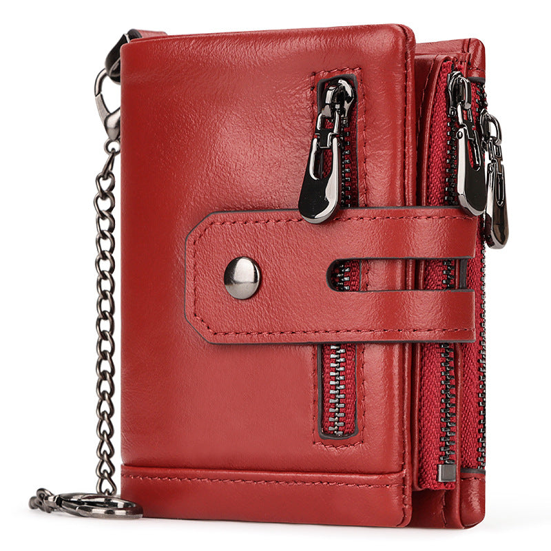 Red Genuine Leather Men's RFID Blocking Wallet - High Capacity Trifold with Zipper Coin Pocket V888-ELOSUNG34435