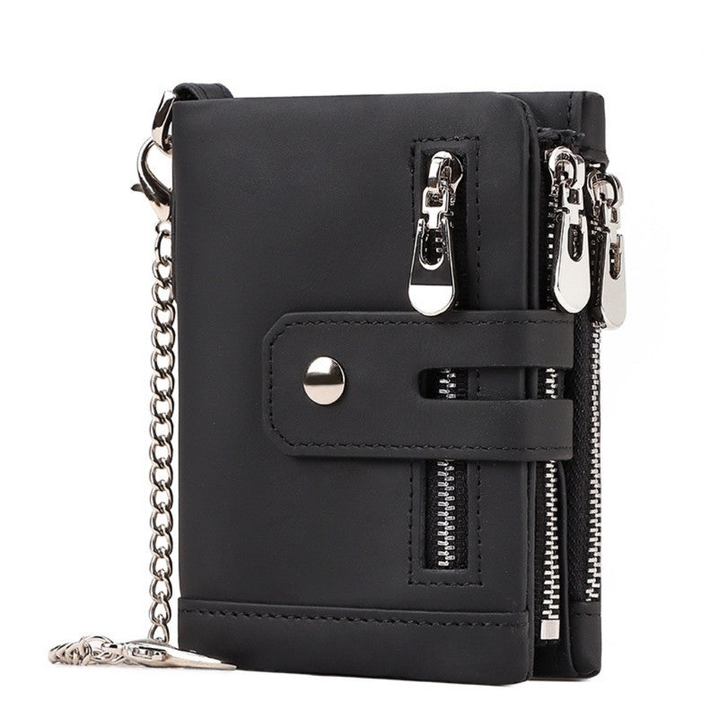 Black Genuine Leather Men's RFID Blocking Wallet - High Capacity Trifold with Zipper Coin Pocket V888-ELOSUNG34436
