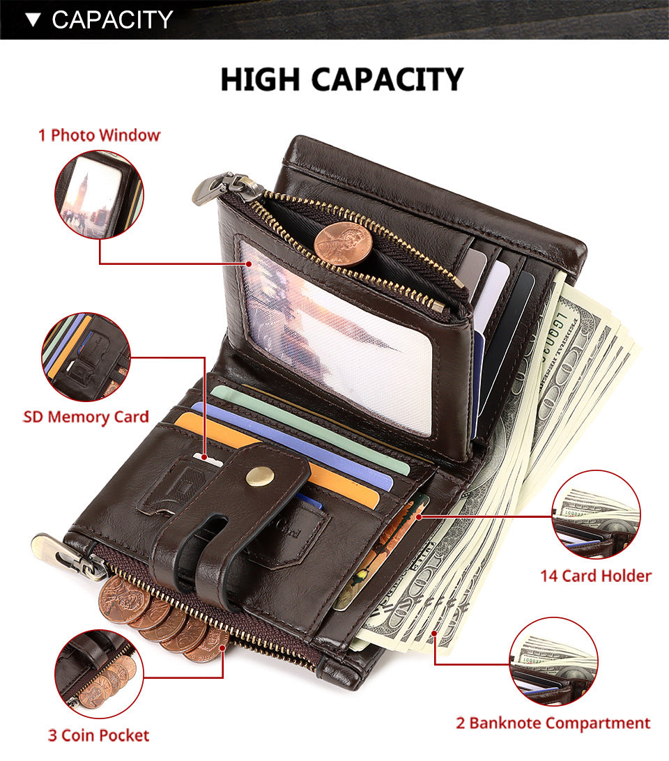 Black Genuine Leather Men's RFID Blocking Wallet - High Capacity Trifold with Zipper Coin Pocket V888-ELOSUNG34436