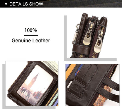 Black Genuine Leather Men's RFID Blocking Wallet - High Capacity Trifold with Zipper Coin Pocket V888-ELOSUNG34436