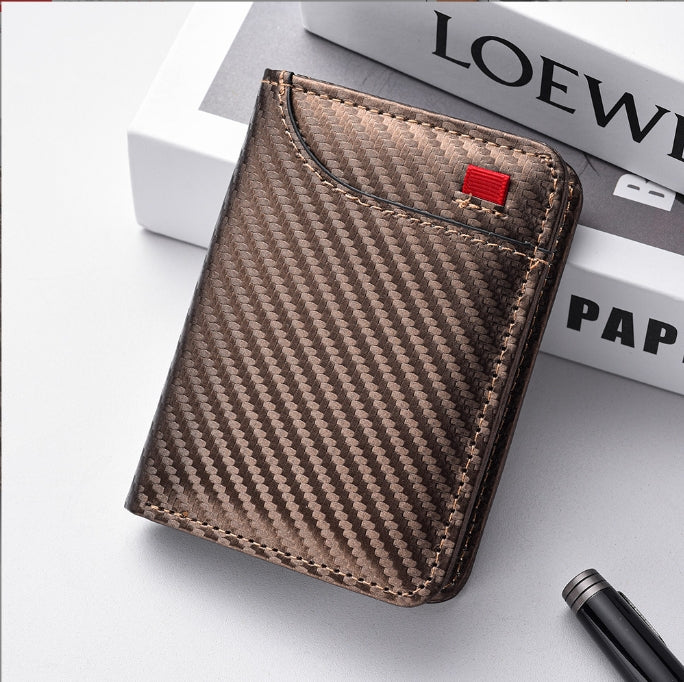 Coffee-colored Sleek Carbon Fiber Vertical Wallet for Men - Slim Bifold Card Holder with Clear ID Window V888-ELOSUNG34464