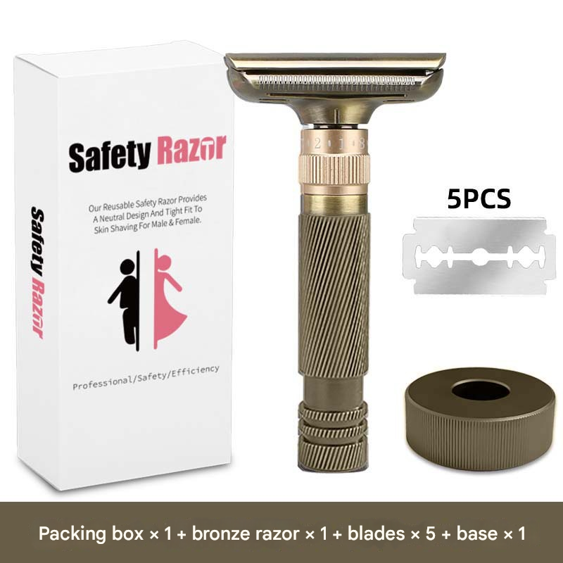 Bronze color Premium Adjustable Double Edge Safety Razor Kit - 8-Setting Precision Shave with Stand & 5 Blades V888-ELOSUNG34494