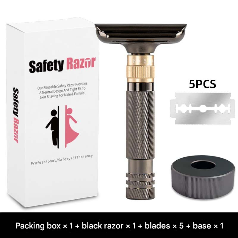 Black Premium Adjustable Double Edge Safety Razor Kit - 8-Setting Precision Shave with Stand & 5 Blades V888-ELOSUNG34496