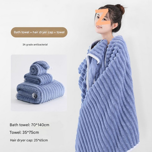 Blue Plush Ribbed Coral Fleece 3-Piece Towel Set - Ultra Soft & Absorbent Bath, Hand Towel and Hair Wrap V888-ELOSUNG34498