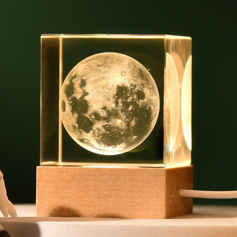 The Moon Luminous 3D Crystal Cube Night Light - Laser Engraved Artwork with Solid Wood Base V888-ELOSUNG34511