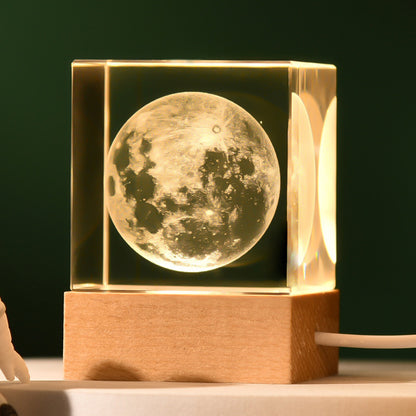 The Moon Luminous 3D Crystal Cube Night Light - Laser Engraved Artwork with Solid Wood Base V888-ELOSUNG34511