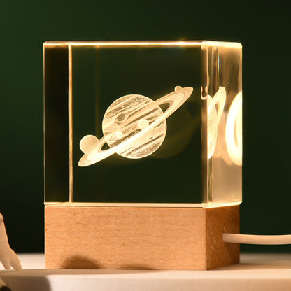 Saturn Luminous 3D Crystal Cube Night Light - Laser Engraved Artwork with Solid Wood Base V888-ELOSUNG34512
