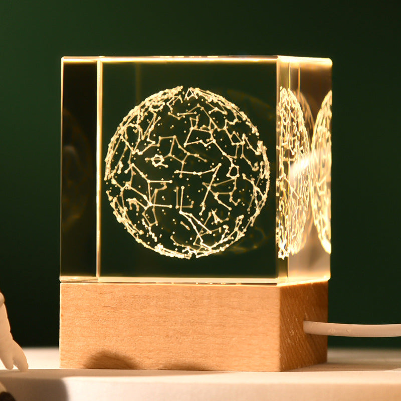 Constellation Luminous 3D Crystal Cube Night Light - Laser Engraved Artwork with Solid Wood Base V888-ELOSUNG34515