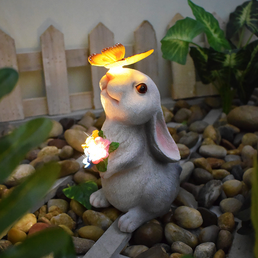 Rabbit and Butterfly Charming Solar-Powered Animal Garden Statue - Waterproof Resin Figurine with Glowing LED V888-ELOSUNG34545