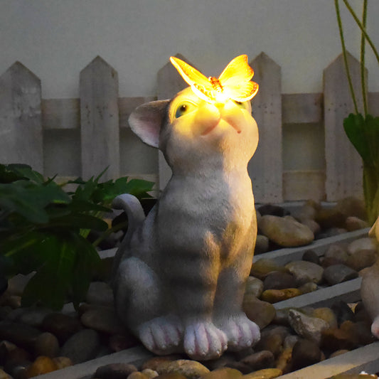 Cats and Butterflies Charming Solar-Powered Animal Garden Statue - Waterproof Resin Figurine with Glowing LED V888-ELOSUNG34546