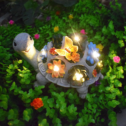 Turtle and Butterfly Charming Solar-Powered Animal Garden Statue - Waterproof Resin Figurine with Glowing LED V888-ELOSUNG34547