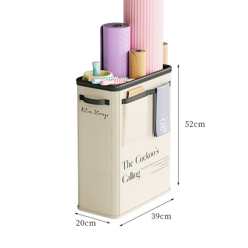 Beige Premium Fabric Yoga Mat Storage Basket - Slim & Foldable Organizer for Home Gym Equipment V888-ELOSUNG34552