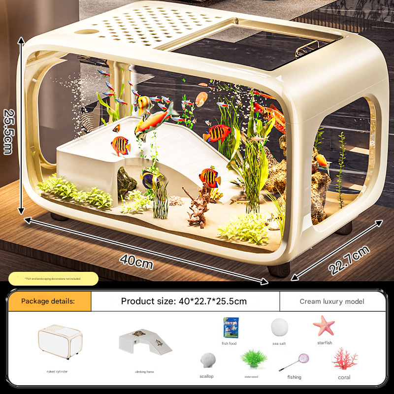 Cream color Modern Desktop Aquarium & Turtle Tank - Panoramic Viewing Fish Tank with Basking Platform & Lid V888-ELOSUNG34560