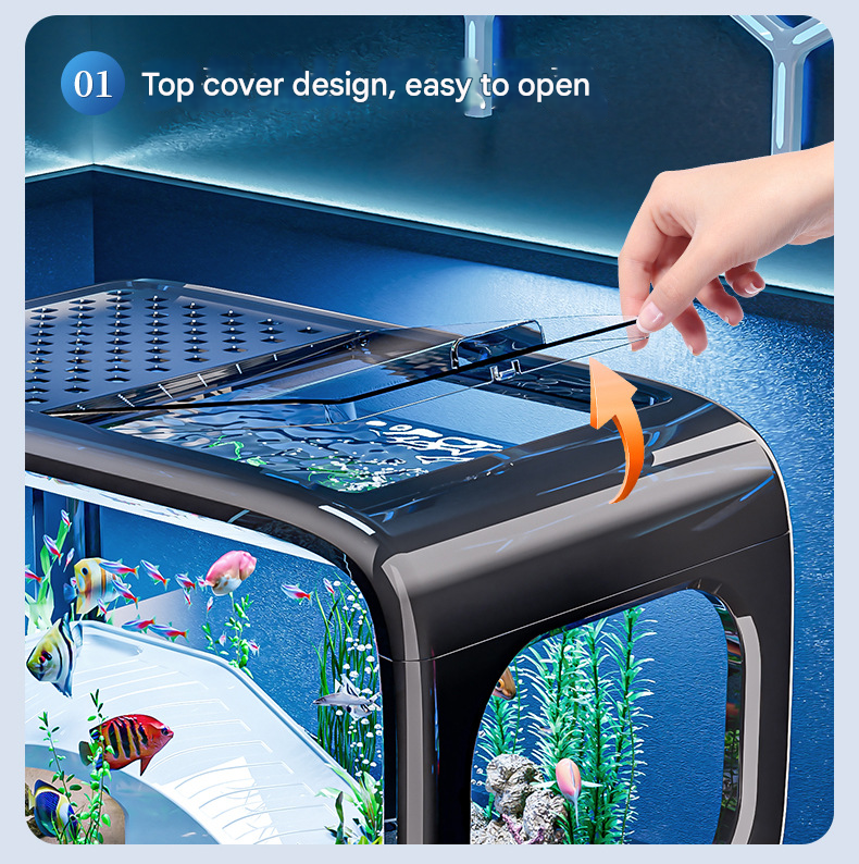 Cream color Modern Desktop Aquarium & Turtle Tank - Panoramic Viewing Fish Tank with Basking Platform & Lid V888-ELOSUNG34560