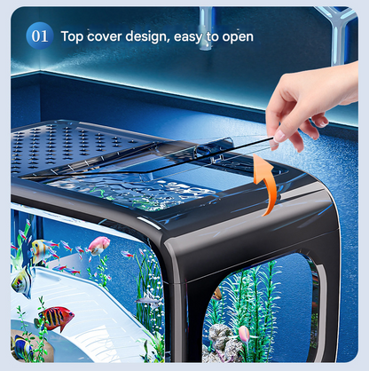 Cream color Modern Desktop Aquarium & Turtle Tank - Panoramic Viewing Fish Tank with Basking Platform & Lid V888-ELOSUNG34560
