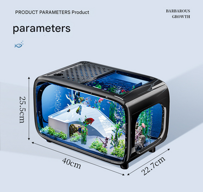 Cream color Modern Desktop Aquarium & Turtle Tank - Panoramic Viewing Fish Tank with Basking Platform & Lid V888-ELOSUNG34560