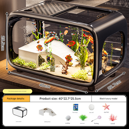 Black Modern Desktop Aquarium & Turtle Tank - Panoramic Viewing Fish Tank with Basking Platform & Lid V888-ELOSUNG34561