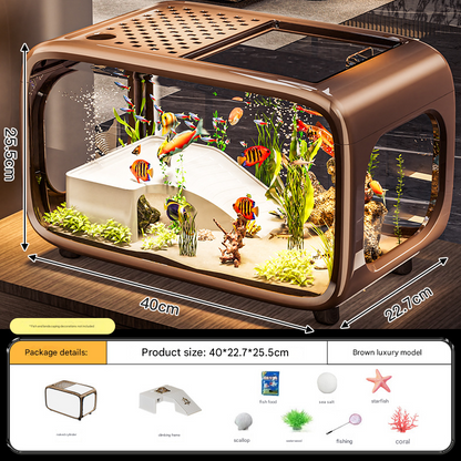 Brown Modern Desktop Aquarium & Turtle Tank - Panoramic Viewing Fish Tank with Basking Platform & Lid V888-ELOSUNG34562