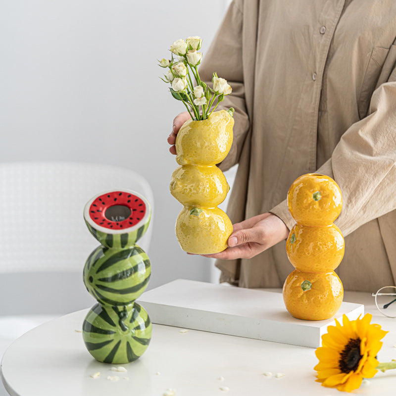 Watermelon Whimsical Stacked Fruit Ceramic Vase - Nordic Style Flower Holder for Modern Home Decor V888-ELOSUNG34575