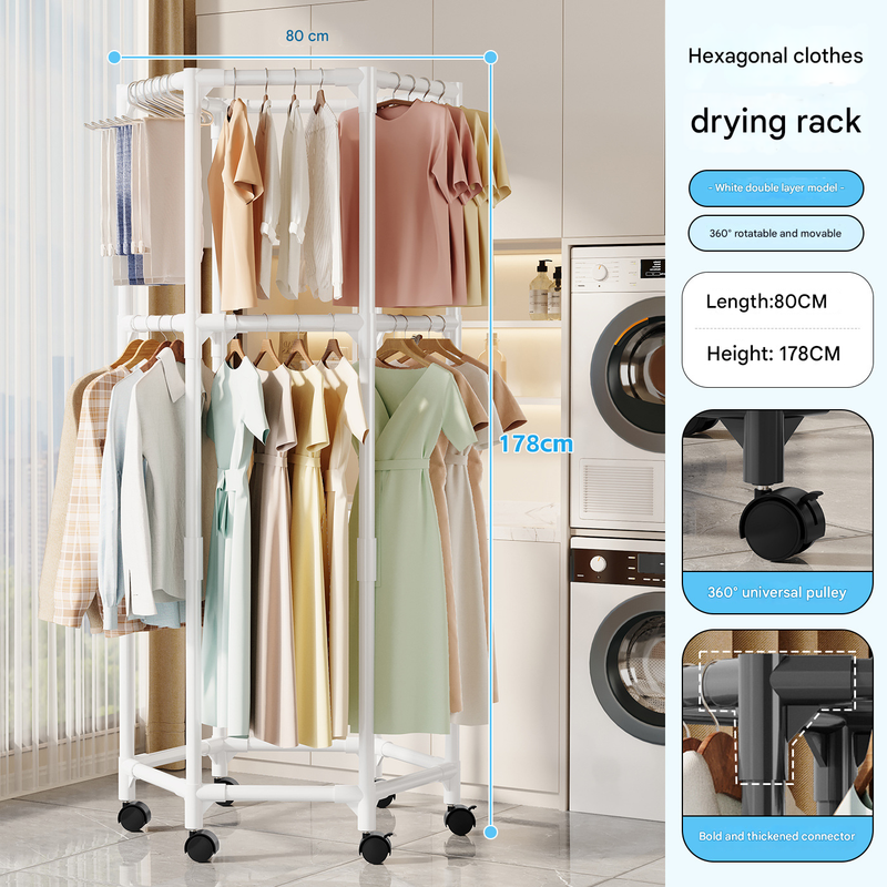 White double layer 360 degrees Rotating Portable Garment Rack - Heavy Duty Rolling Clothes Stand with Wheels V888-ELOSUNG34605