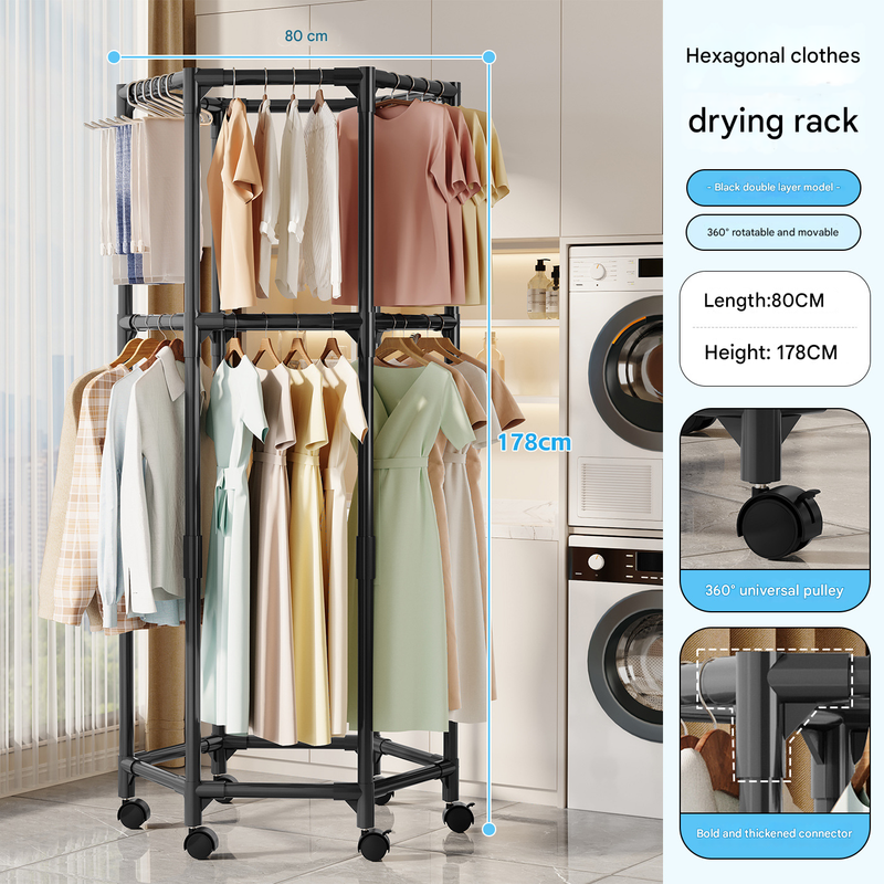 Black double layer 360 degrees Rotating Portable Garment Rack - Heavy Duty Rolling Clothes Stand with Wheels V888-ELOSUNG34607