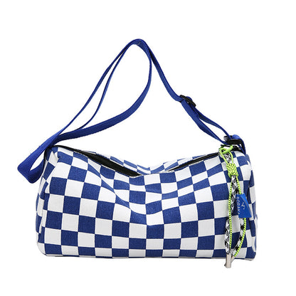 Blue Trendy Checkerboard Boston Bag - Casual Crossbody Shoulder Purse with Wide Strap V888-ELOSUNG34637