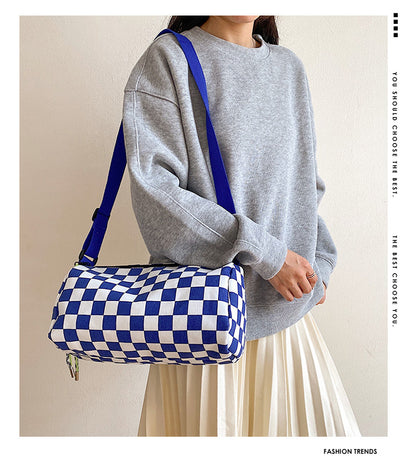 Blue Trendy Checkerboard Boston Bag - Casual Crossbody Shoulder Purse with Wide Strap V888-ELOSUNG34637