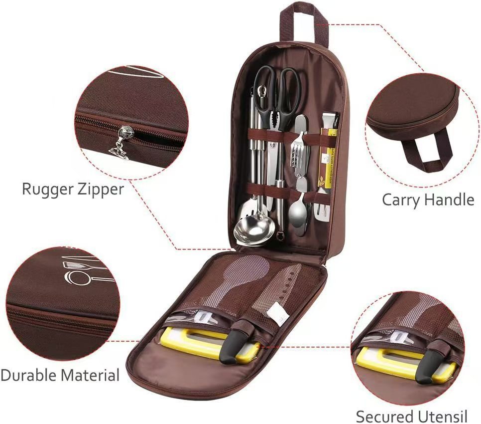 Khaki Portable Camping Kitchen Utensil Organizer - Travel Cookware Storage Bag for BBQ & Picnics V888-ELOSUNG34640