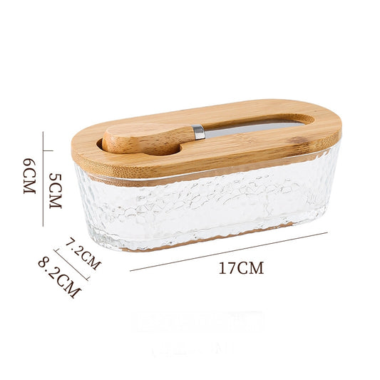 Natural wood color - hammer grain Elegant Glass Butter Dish with Wooden Lid & Matching Spreader - Sealed V888-ELOSUNG34644