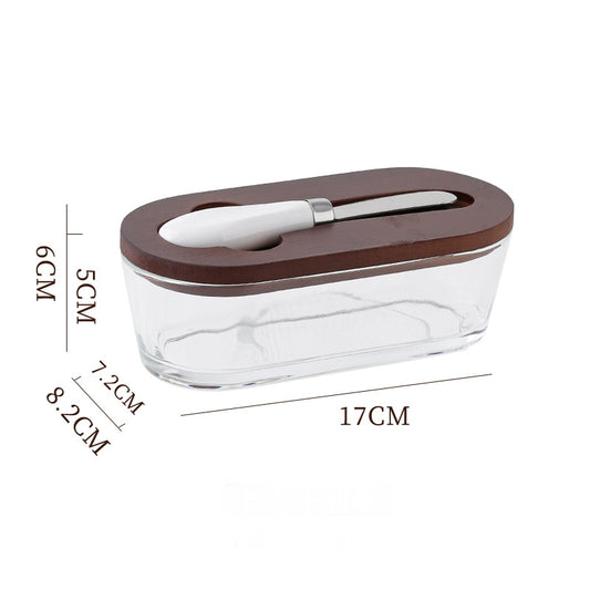Brown - flat Elegant Glass Butter Dish with Wooden Lid & Matching Spreader - Sealed Butter Keeper for V888-ELOSUNG34645