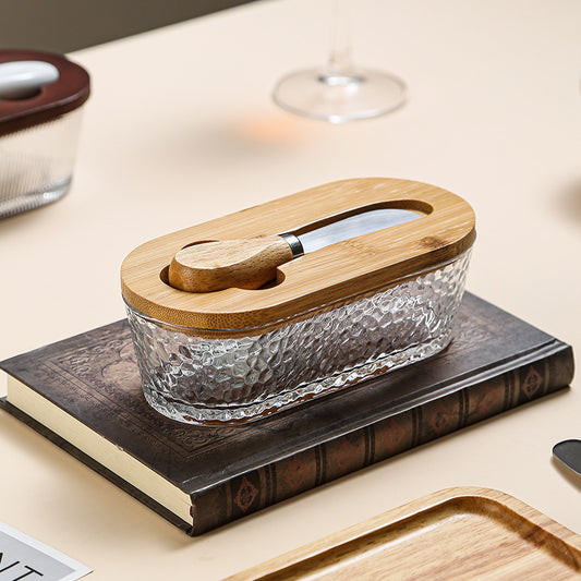 Brown - flat Elegant Glass Butter Dish with Wooden Lid & Matching Spreader - Sealed Butter Keeper for V888-ELOSUNG34645