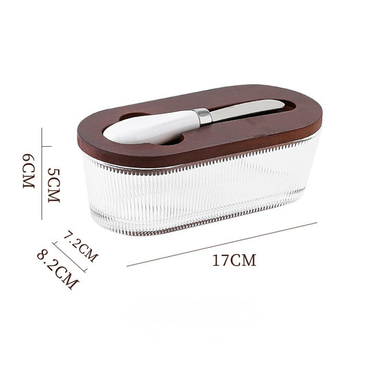 Brown - stripes Elegant Glass Butter Dish with Wooden Lid & Matching Spreader - Sealed Butter Keeper for V888-ELOSUNG34646