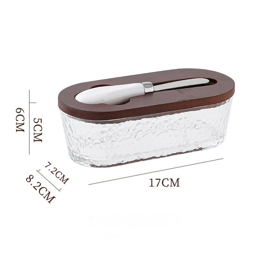 Brown - Hammer texture Elegant Glass Butter Dish with Wooden Lid & Matching Spreader - Sealed Butter Keeper V888-ELOSUNG34647