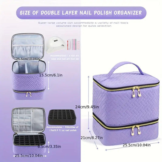 Black Professional Nail Polish Organizer Case for 30 Bottles & UV Lamp - Double-Layer Travel Storage Bag V888-ELOSUNG34648
