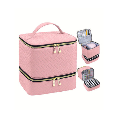 Pink Professional Nail Polish Organizer Case for 30 Bottles & UV Lamp - Double-Layer Travel Storage Bag V888-ELOSUNG34651