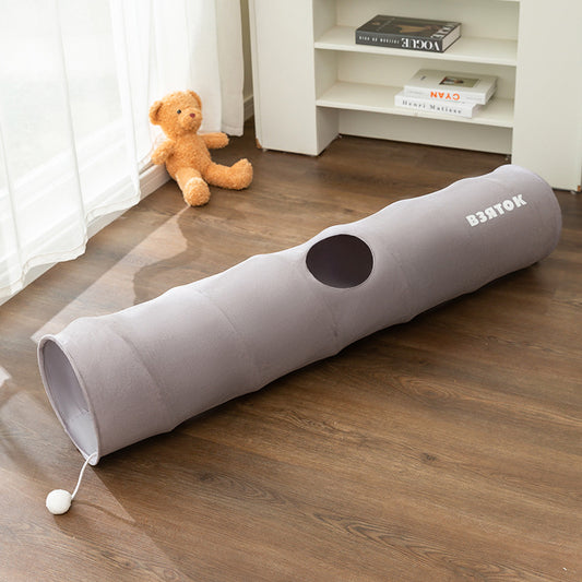 Grey Premium Soft Suede Cat Tunnel - Collapsible Play Tube with Peek-a-Boo Hole & Hanging Ball(1.2m) V888-ELOSUNG34659
