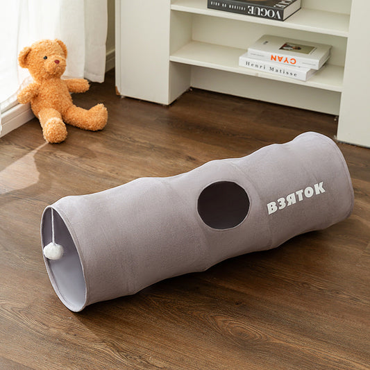 Grey Premium Soft Suede Cat Tunnel - Collapsible Play Tube with Peek-a-Boo Hole & Hanging Ball(0.8m) V888-ELOSUNG34662