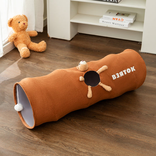 Brown bear Premium Soft Suede Cat Tunnel - Collapsible Play Tube with Peek-a-Boo Hole & Hanging Ball(0.8m) V888-ELOSUNG34663
