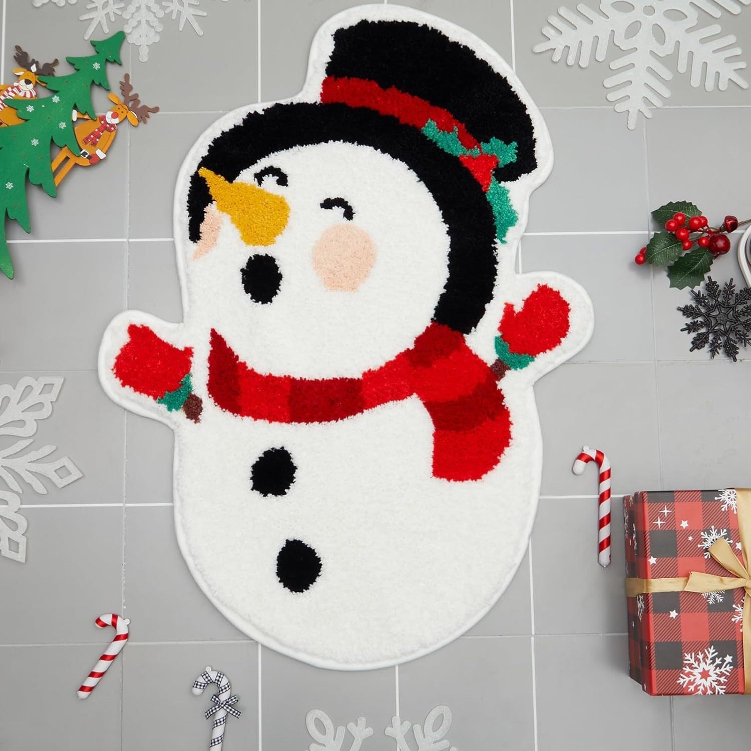 White Snowman Festive Christmas Shaped Floor Mat - Plush Non-Slip Holiday Accent Rug(Style 3) V888-ELOSUNG34671
