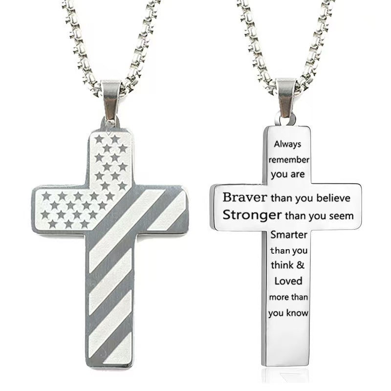 Silver Men's Textured Cross Necklace - Stainless Steel Pendant with Inspirational Message V888-ELOSUNG34672