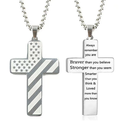 Silver Men's Textured Cross Necklace - Stainless Steel Pendant with Inspirational Message V888-ELOSUNG34672