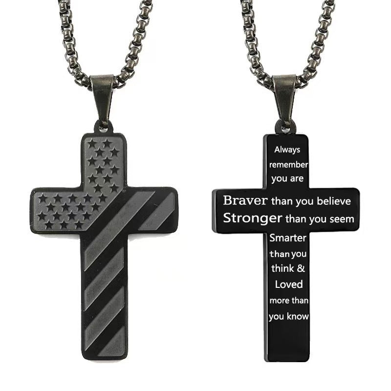 Black Men's Textured Cross Necklace - Stainless Steel Pendant with Inspirational Message V888-ELOSUNG34673