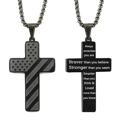 Black Men's Textured Cross Necklace - Stainless Steel Pendant with Inspirational Message V888-ELOSUNG34673