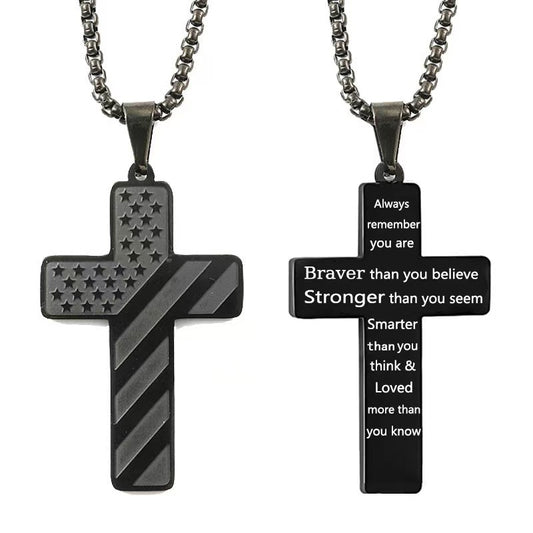 Black Men's Textured Cross Necklace - Stainless Steel Pendant with Inspirational Message V888-ELOSUNG34673