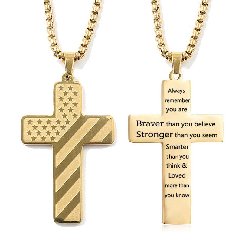 Gold Men's Textured Cross Necklace - Stainless Steel Pendant with Inspirational Message V888-ELOSUNG34674