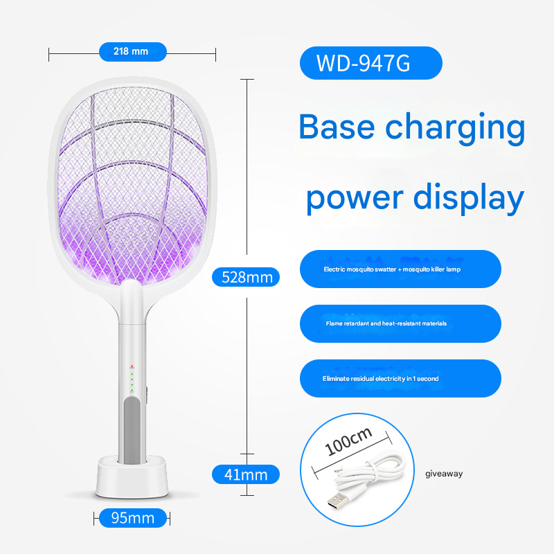 White Rechargeable 2-in-1 Bug Zapper Racket - Electric Fly Swatter & UV Mosquito Lamp with Charging Base V888-ELOSUNG34694