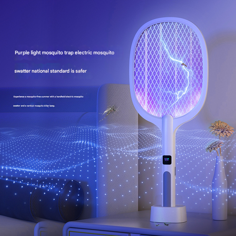 White Rechargeable 2-in-1 Bug Zapper Racket - Electric Fly Swatter & UV Mosquito Lamp with Charging Base V888-ELOSUNG34694